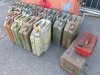 Assorted Fuel Jerry Cans & Metal Locker to Include: 13 x 20L Green Jerry Cans, 1 x Vintage 4.5L Jerry Can, Metal Lock Box on Set of Wheels (H60 x W120 x D60cm) & Ammo Box. - 2