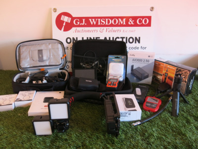 Lot Consisting of Garmin Sat Nav, Range Finder, External Speaker, 2 x Travel Routers, MP3 Music Player, Zeadio Flash Handle with 2 x Ulanzi Digital Flashes & Autel AL319 Mengshen Digital Tacho Meter, Digital Translator & Other (As Viewed/Pictured).
