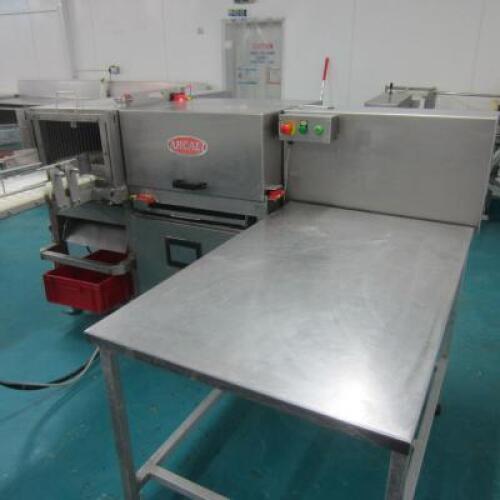 Arcald Type J9475 Stainless Steel Two Directional Block Cheese Cutter with Nylon Roller Feed Table Offtake. Year 2005.