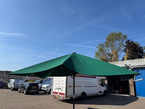 May Schatello 6m x 4m Commercial Centre Pole Parasol, Supplied by M & D Gee. Comes with Large Metal Base, 8 x Paving Slabs & Side Sections (As Viewed).
