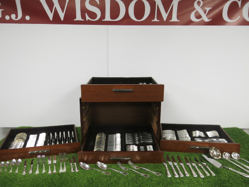 Set of 210 x Christofle France Hallmarked Silver Cutlery & Serving Utensils in Christofle Four Draw Wooden Cutlery Chest to Include: Knives, Forks, Spoons, Ladles & Cake Slice. Chest Size H37 x W51 x D38cm.