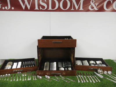 Set of 210 x Christofle France Hallmarked Silver Cutlery & Serving Utensils in Christofle Four Draw Wooden Cutlery Chest to Include: Knives, Forks, Spoons, Ladles & Cake Slice. Chest Size H37 x W51 x D38cm.