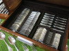 Set of 210 x Christofle France Hallmarked Silver Cutlery & Serving Utensils in Christofle Four Draw Wooden Cutlery Chest to Include: Knives, Forks, Spoons, Ladles & Cake Slice. Chest Size H37 x W51 x D38cm. - 5