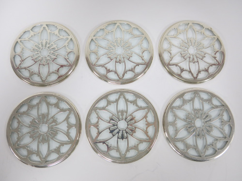 6 x Hallmarked 925 Silver & Glass Bottle Coasters. Size Dia 10.5cm.