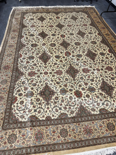 Persian Hand Knotted Fine Silk Rug with Fringe, 530 KPSI - Believed to be from the City of Isfahan or Qom in Iran. The text Woven in Appears Persian Possibly Describing the Weavers Name or Place of Origin. Size 355 x 250cm.