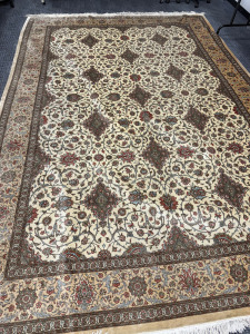 Persian Hand Knotted Fine Silk Rug with Fringe, 530 KPSI - Believed to be from the City of Isfahan or Qom in Iran. The text Woven in Appears Persian Possibly Describing the Weavers Name or Place of Origin. Size 355 x 250cm.