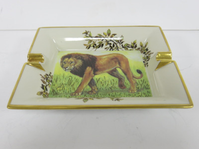 Vintage Porcelain Hermes Lion Design Ashtray in White and Gold.