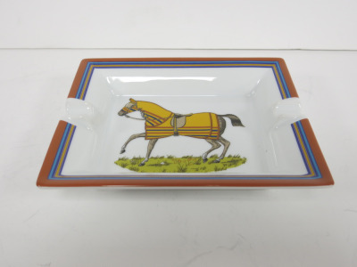 Hermes Vintage Porcelain, Horse and Patterned Blanket Ashtray in White, Blue & Orange.