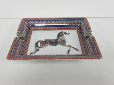 Hermes Vintage Porcelain Multicolour Cheval d'Orient Ashtray in White, Blue & Red.