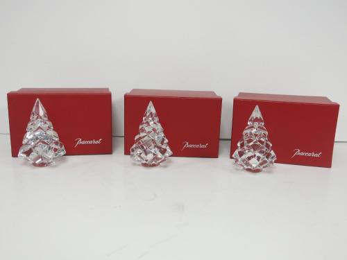 3 x Baccarat Clear Crystal Louxor Christmas Tree Ornaments in Boxes.