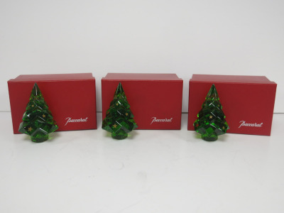 3 x Baccarat Green Crystal and Gold Stars Louxor Christmas Tree Ornaments in Boxes.