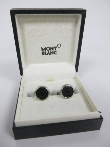 MONTBLANC Round 'Tribute to Shakespeare' Cuff Links, Stainless Steel Inlaid with Black Resin, Marked 10JWL & Inscribed with William Shakespeare. Comes in Original Box.