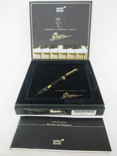 MONTBLANC Meisterstuck Homage to Frederic Chopin Special Edition Fountain Pen from Montblanc's Donation Pen Collection in Original Box with Service Guide. Hallmarked 14k Gold.