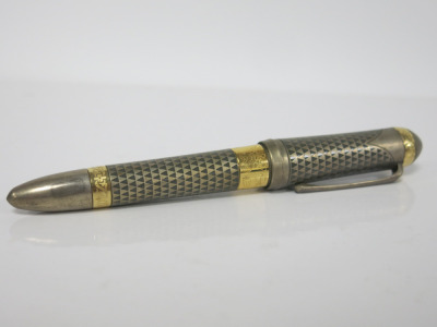 MONTBLANC Max Von Oppenheim Limited Edition 4810, Sterling silver, pale grey lacquer inlays, gold-plated rings engraved with designs from Tel Halaf. 18K gold nib, Dated 2009. Limited Edition 0377/4810. Honors archaeologist Baron Max von Oppenheim.