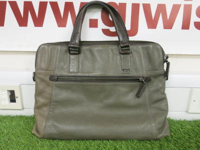 TUMI Khaki Leather Briefcase. Size H28cm & W40cm. NOTE: condition as viewed/inspected.