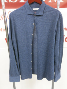 Loro Piana Men's Blue and Navy Blue Patterned Wool Long Sleeve Shirt. Size XXXL.