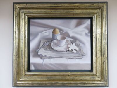 Saul Robertson (1978) Oil on Linen 'The Mystery' 2011 in Grey/Gold Frame. Art Size 30.5 x 25cm.