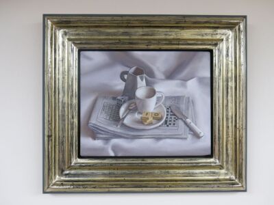 Saul Robertson (1978) Oil on Linen 'Puzzles' 2011 in Contemporary Frame. Art Size 25 x 20cm.