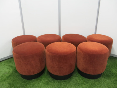 Set of 7 Modern Low Bar Stools Upholstered in Terracotta Velvet Fabric on Wooden Circular Base. Size H40 x Dia 40cm.