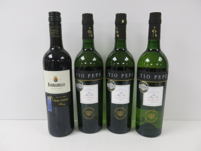 4 x Bottles of Assorted Sherry to Include: 1 x Barbadillo & 3 x Tio Pepe Palomino Fino, 750ml.