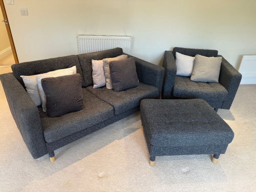 IKEA Landskrona Grey Fabric 2 Seater Sofa, Size H65 x W163 x 87cm. Comes with Single Armchair & Footstall, Size H65cm, W89cm & D98cm.Comes with 6 x Assorted Scatter Cushions.