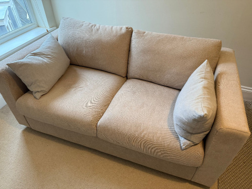 IKEA VIMLE 2 Seater Sofa in Premium Cotton Beige, with 2 x Grey Cushions & 5 x Additional Sofa Cushions. Size H80cm, w170cm & D94cm. (Condition as Viewed).