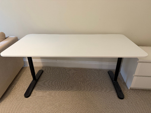 Ikea White Top Desk with Black Metal Legs. Size H73cm, W160cm & D80cm.