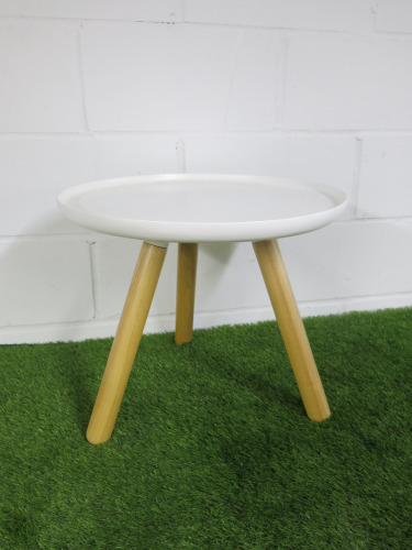 Normann Copenhagen Tablo White Glossy Plastic Top Side Table with Wooden Legs. Diameter 49cm.
