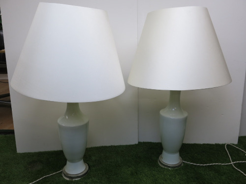 Pair of White Ceramic with Antique Effect Base & Detail Side Lamps with Porta Romana Lamp Shades. Size H62cm.