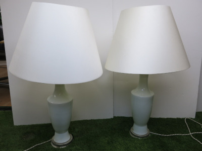 Pair of White Ceramic with Antique Effect Base & Detail Side Lamps with Porta Romana Lamp Shades. Size H62cm.