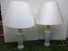 Pair of White Ceramic with Antique Effect Base & Detail Side Lamps with Porta Romana Lamp Shades. Size H62cm.