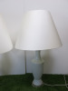 Pair of White Ceramic with Antique Effect Base & Detail Side Lamps with Porta Romana Lamp Shades. Size H62cm. - 2