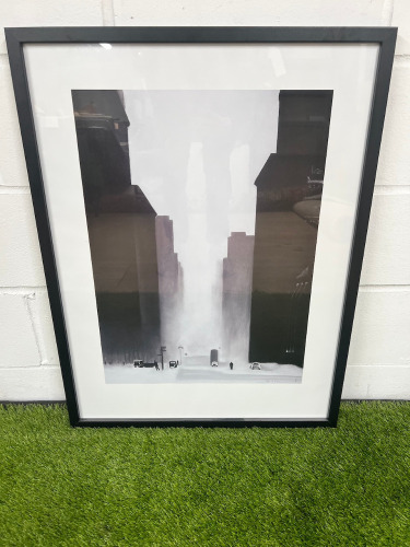 Black & White Signed Cityscape Print, Framed in Black & Glazed. Size H84cm x W64cm.