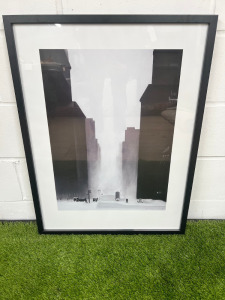 Black & White Signed Cityscape Print, Framed in Black & Glazed. Size H84cm x W64cm.