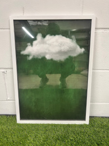 White Cloud Against Dark Green Abstract Background Print, Framed in White & Glazed by Casa Chic. Size H63cm x W45cm.