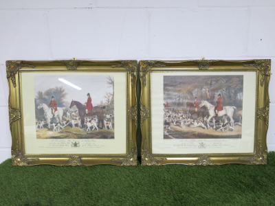 Pair of Gold Gilt Framed & Mounted Proof Prints Originally Painted by R.Davies & Drawn on Stone by J.W.Giles. Depicting 19th Century Fox Hunts. Size H50 x 60cm.