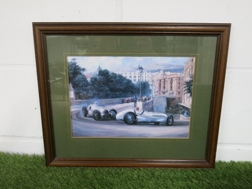 Framed & Glazed Print by Alan Fearnley 89 of Monaco Grand Prix at The Mirabeau-Hair-Pin. Size H40 x W48cm.