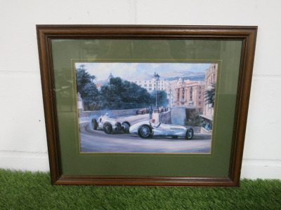 Framed & Glazed Print by Alan Fearnley 89 of Monaco Grand Prix at The Mirabeau-Hair-Pin. Size H40 x W48cm.