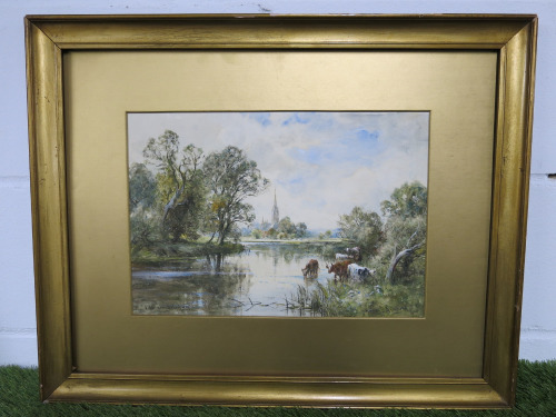 Framed Original Watercolour on Board by Henry.J.Kinnaird (1880-1920) Signed by Artist, Depicting River Scene & Salisbury Cathedral. Size 49 x 61cm.