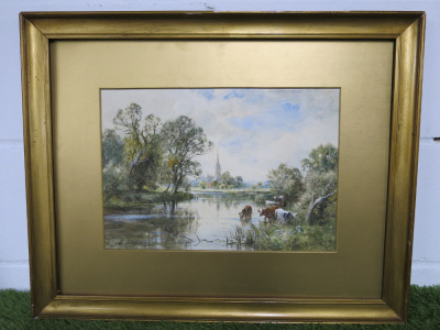 Framed Original Watercolour on Board by Henry.J.Kinnaird (1880-1920) Signed by Artist, Depicting River Scene & Salisbury Cathedral. Size 49 x 61cm.