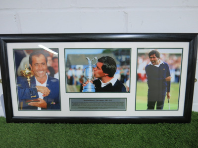 Seve Ballesteros 'The Legend - 1957 - 2011', Framed & Glazed Picture Presentation Collage with Plaque. Size 45 x 90cm.