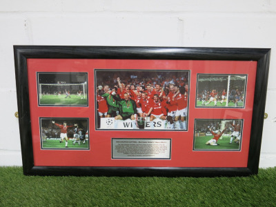 Manchester FC Football Collage Picture of Manchester United 1999 European Cup Final - Man U 2-1 Bayern Munich. Framed & Glazed Picture Presentation Collage with Plaque. Size 41 x 76cm.