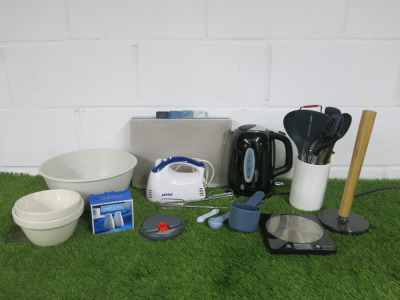 Lot of Kitchen Accessories to Include: 1 x Russell Hobbs Kettle, 1 x Lifetec Mixer, 1 x Set of Joseph Joseph Chopping Boards, Assorted Utensils, 1 x Salter Scales, 3 Mixing Bowls, 1 x Tissue Holder & Salt & Pepper Shaker.