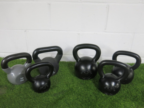 6 x Assorted Kettlebells to Include: 4 x Wolverson Black (24, 16, 12, 8kg ) & 1 x Domyos 12kg & 1 x Adidas 16kg.
