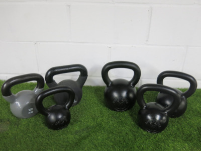 6 x Assorted Kettlebells to Include: 4 x Wolverson Black (24, 16, 12, 8kg ) & 1 x Domyos 12kg & 1 x Adidas 16kg.