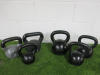 6 x Assorted Kettlebells to Include: 4 x Wolverson Black (24, 16, 12, 8kg ) & 1 x Domyos 12kg & 1 x Adidas 16kg.