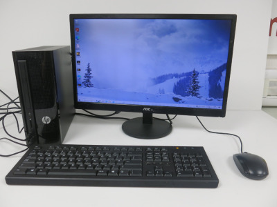 HP Slimline PC, Model TPC-W033-SF, Running Windows 10 Home, AMD E2-710 APU with AMD Radeon R2 Graphics 1.80gHZ, 919GB HDD. Comes with AOC 22" LCD Monitor, Power Supply, Mouse & Keyboard.