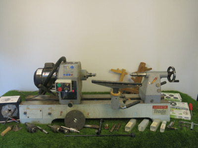 Axminster Trade Series Variable Speed Woodworking Lathe, Model AW1628VS, 240v. Comes with Assorted Tooling to Include: Chucks, Face Plates, 3 Sets of Jaws & Other with Instruction & DVD Manuals (As Viewed/Pictured).