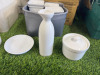Approx. 945 Assorted Branded Quantity of Cameo China , Churchill & Jinqiangyi Restaurant White Crockery to Include: 720 x Dipping Bowls, Size 8cm, 65 x Bowls, Size 11.5cm, 26 x Small Jugs, 40 x Spoons, 17 x Dishes with Lids, 25 x Square Bowls, 23 x Bowls - 16