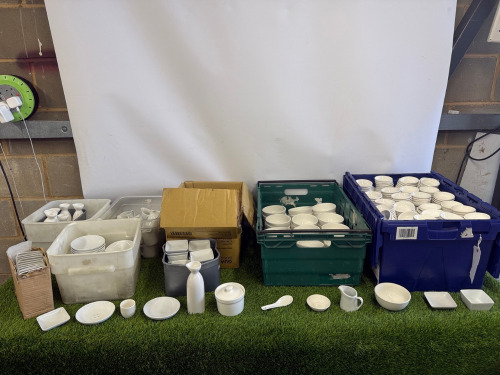 Approx. 945 Assorted Branded Quantity of Cameo China , Churchill & Jinqiangyi Restaurant White Crockery to Include: 720 x Dipping Bowls, Size 8cm, 65 x Bowls, Size 11.5cm, 26 x Small Jugs, 40 x Spoons, 17 x Dishes with Lids, 25 x Square Bowls, 23 x Bowls 